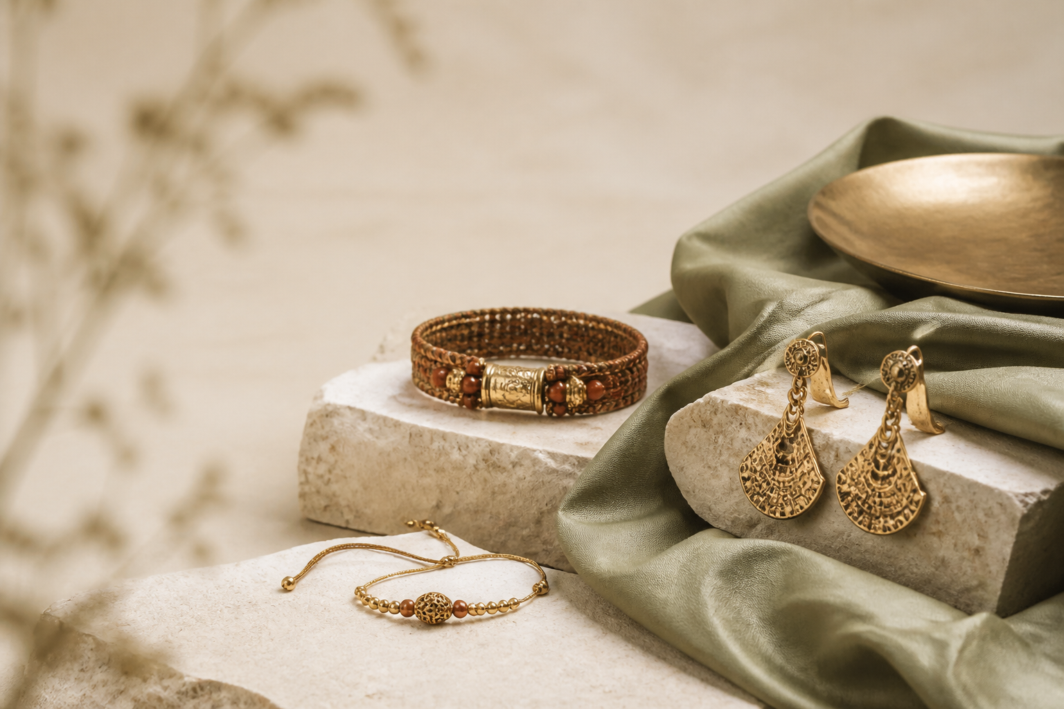 Bracelets et boucles d'oreilles en laiton sur pierre