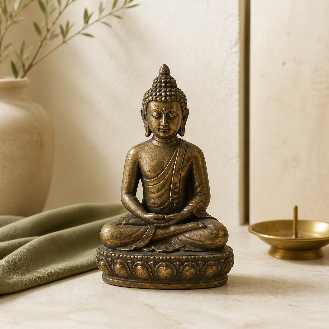 Bouddha en bronze assis sur socle lotus